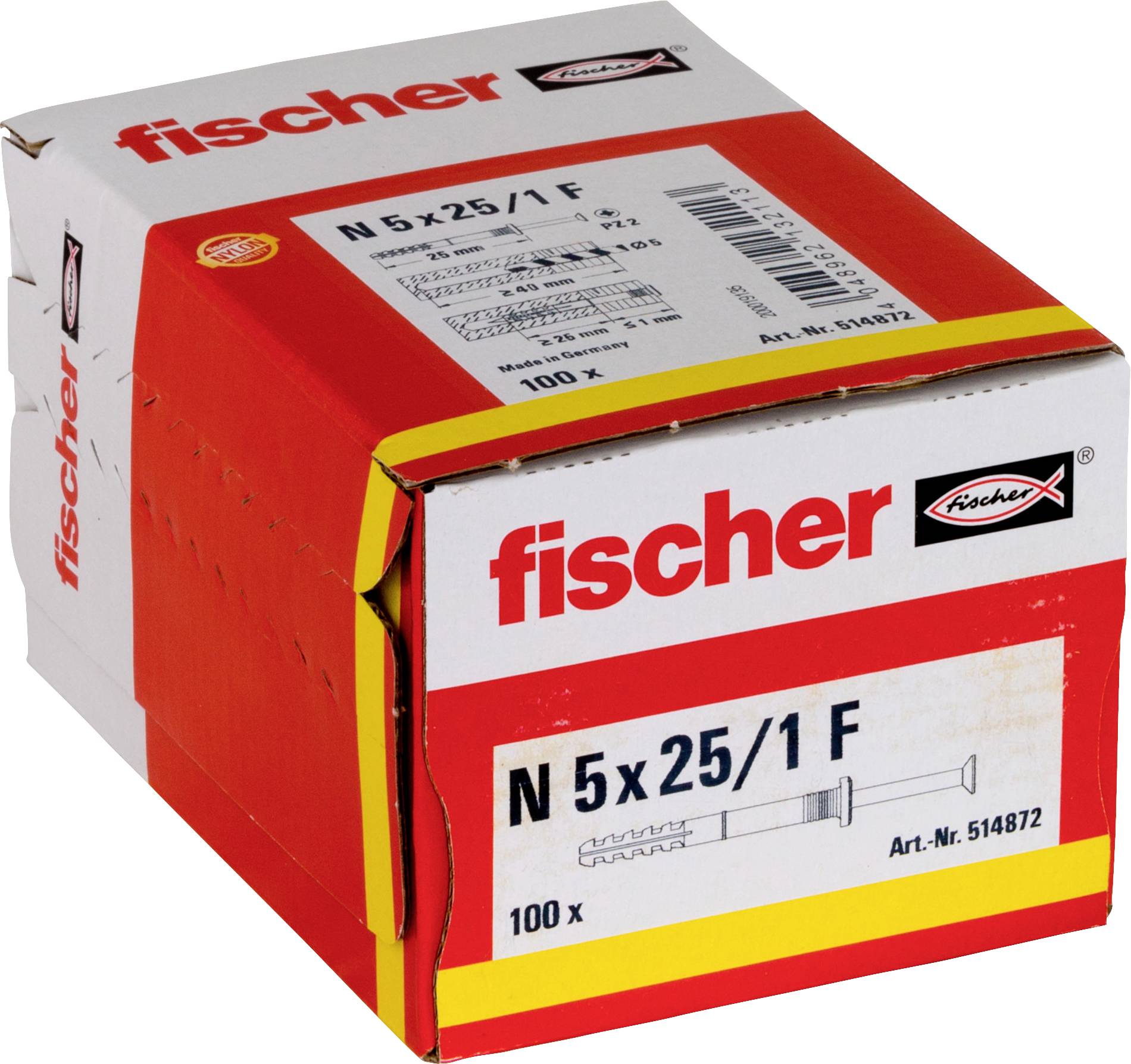 Karton mit Fischer N 5x25/1 F Befestigungselementen, gekennzeichnet mit 100x, gezeigt als Produktverpackung auf weißem Hintergrund.