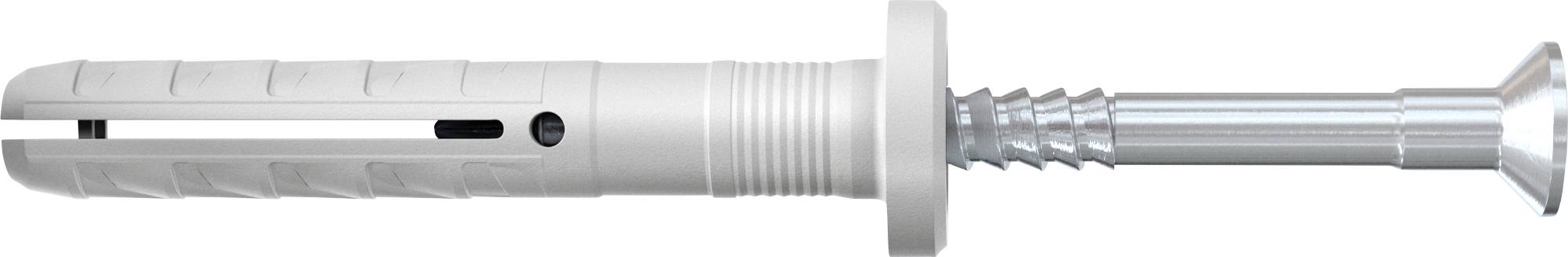 Silber-Metallexpansionsankerschraube mit Schlitzmuffe und Schraube, horizontal auf weißem Hintergrund gezeigt.