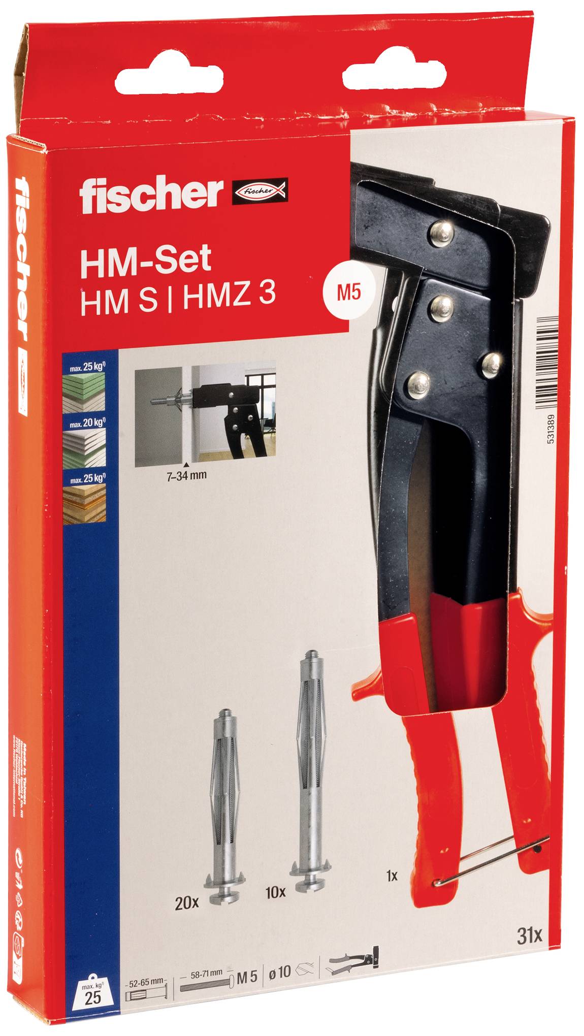 Verpackung eines fischer HM-Sets, enthält Bolzenanker und Installationswerkzeug. Für Wandstärke 3-34 mm, Bolzen M5. 20 Anker, 1 Werkzeug enthalten.