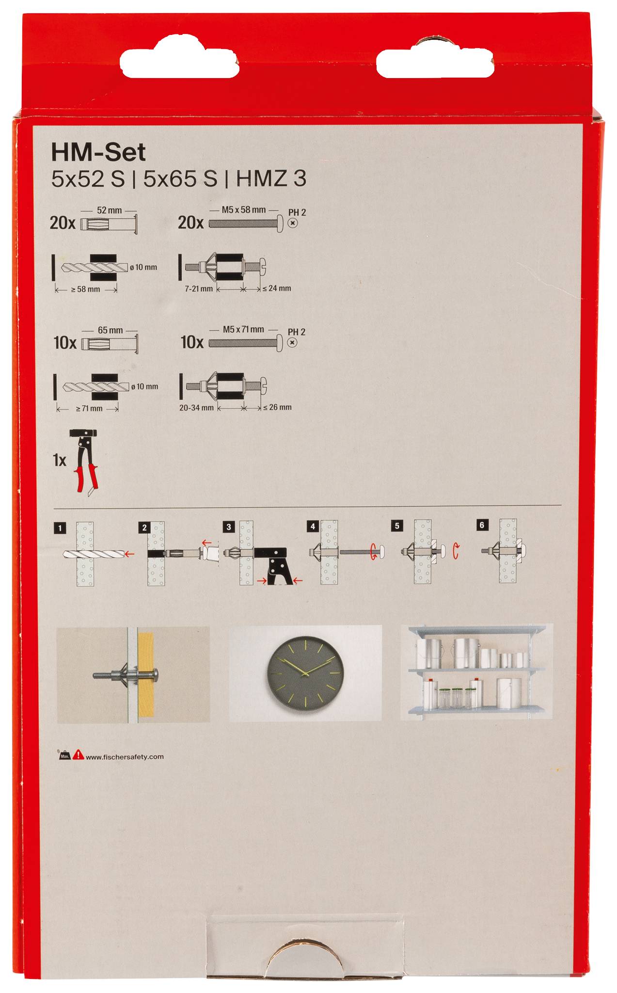 'HM-Set: 5x52 S, 5x65 S, HMZ 3.' Oben: Inhalt mit Icons und Stückzahlen. Unten: Schrittweise Anleitung zur Montage mit Illustrationen.
