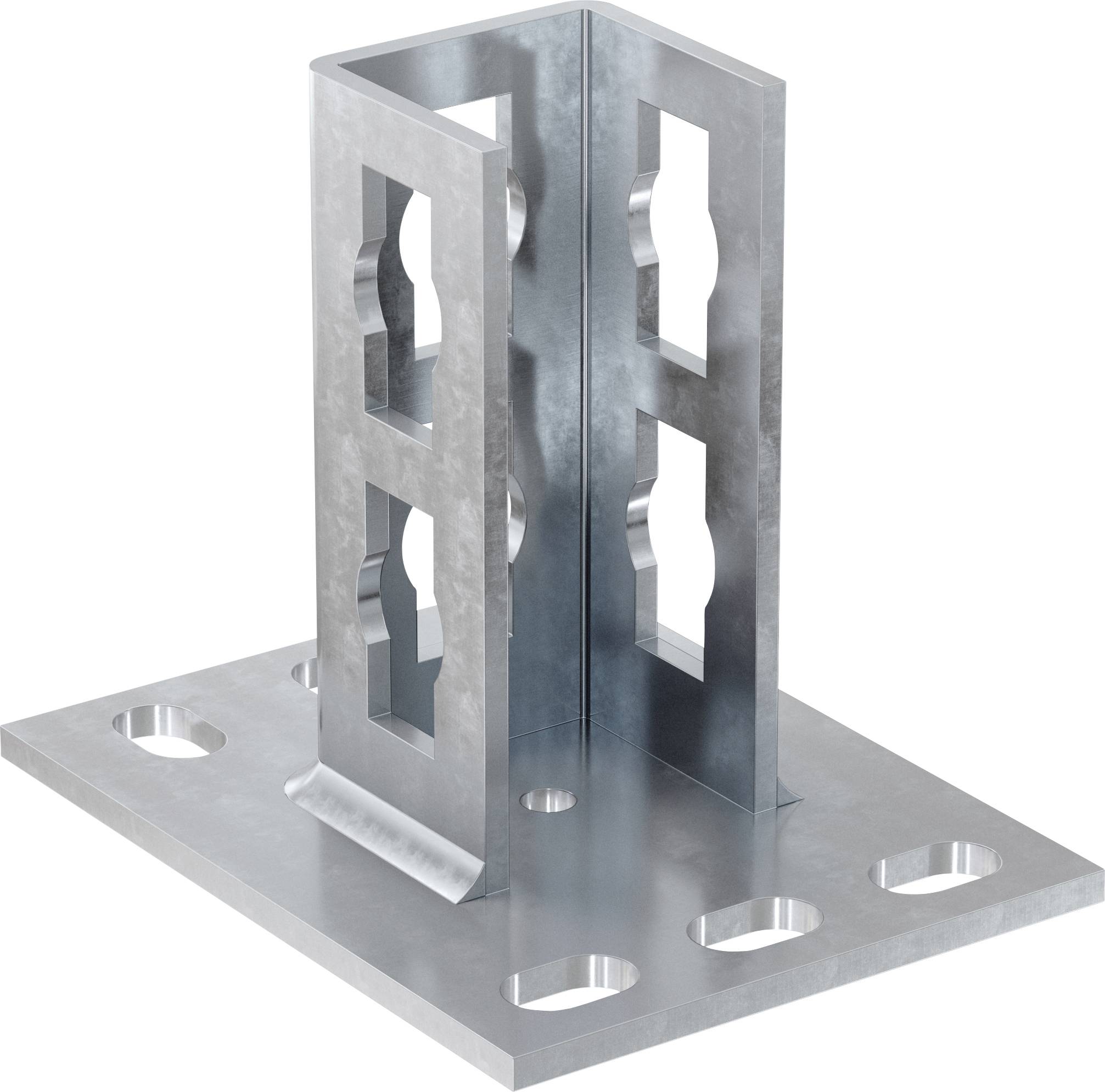 Metallverankerungshalterung mit quadratischer Grundplatte und vier Schraubenlöchern, die einen vertikalen Schlitzpfosten trägt.