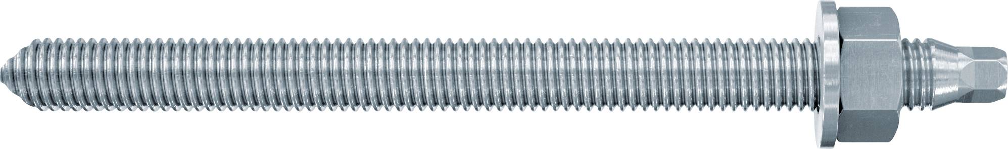 Gewindelter Metalldübel mit Sechskantmutter und konischem Ende, horizontal auf weißem Hintergrund dargestellt.