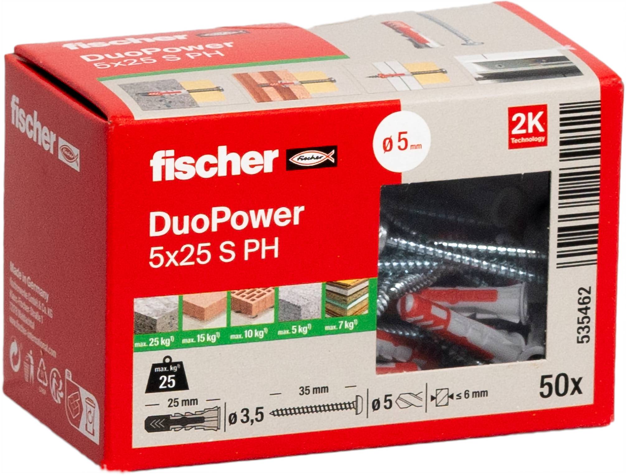 Schachtel mit Fischer DuoPower 5x25 S PH Wanddübeln und Schrauben, 50 Stück, geeignet für verschiedene Materialien mit detaillierten Installationssymbolen.