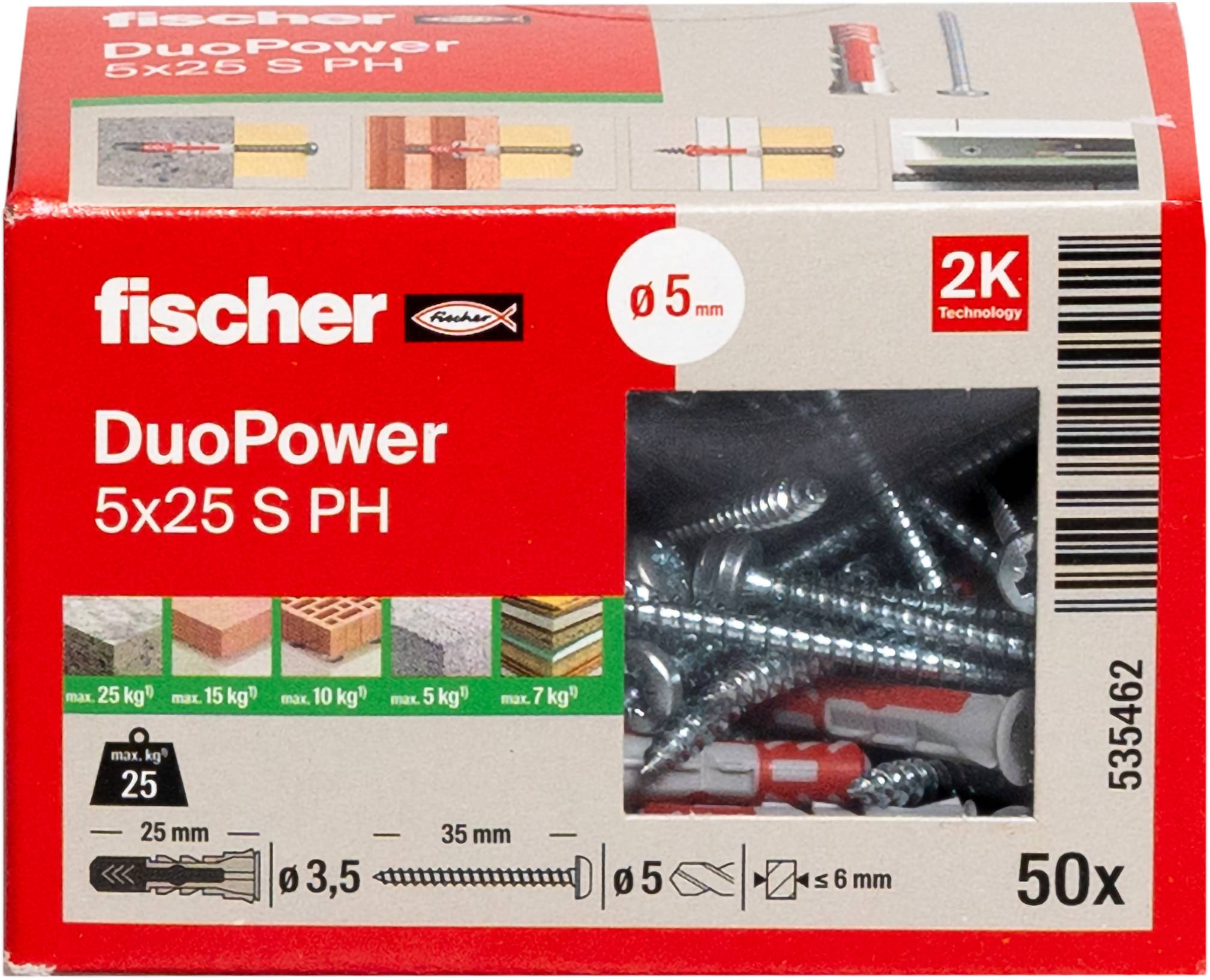 Packung 'fischer DuoPower 5x25 S PH' Wanddübel mit Schrauben, zeigend Installationsschritte, Materialeignung und Tragfähigkeit.