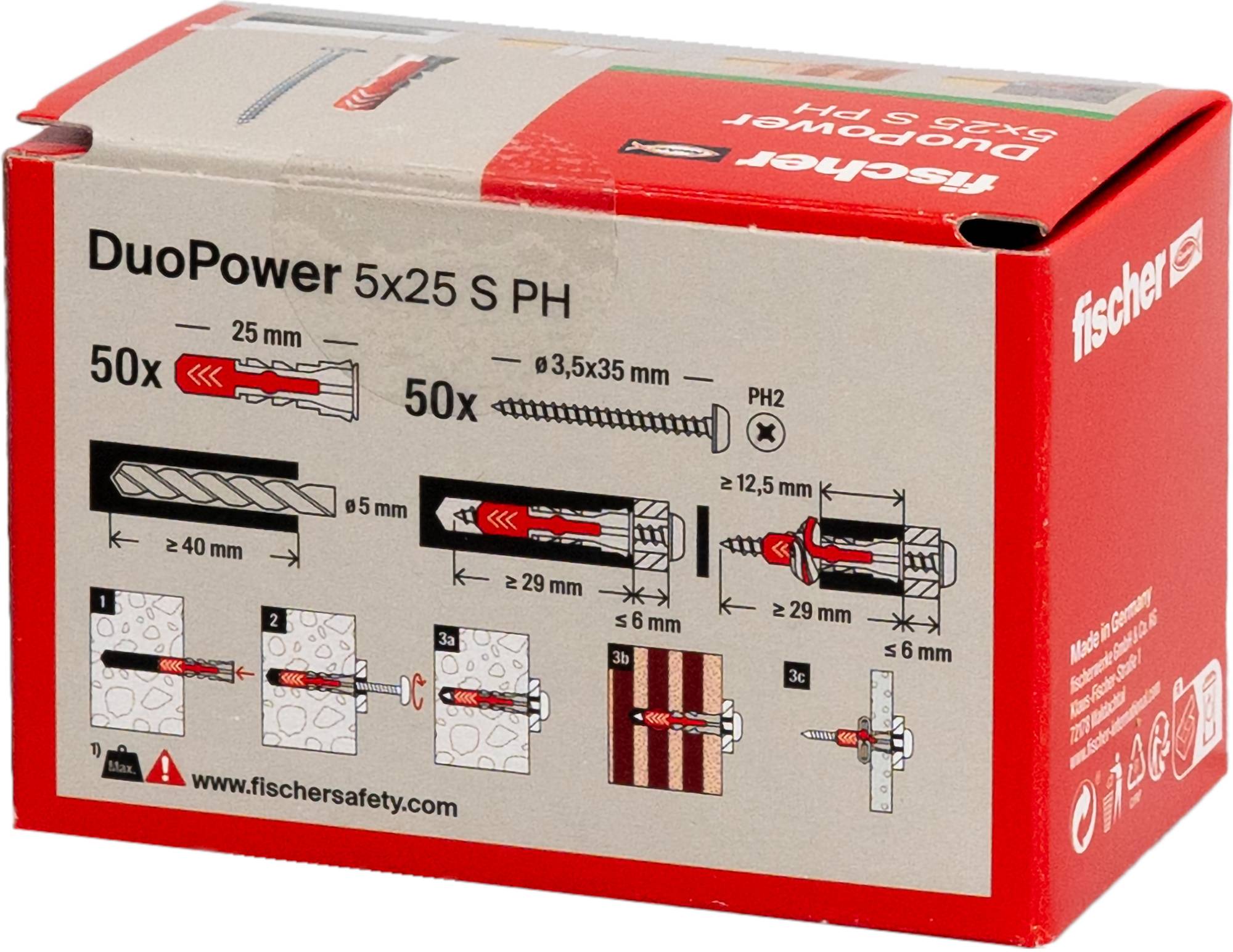 Das Bild zeigt eine Schachtel Fischer DuoPower 5x25 S PH Dübel und Schrauben. Die Anleitung für die ordnungsgemäße Montage wird in vier Schritten dargestellt.