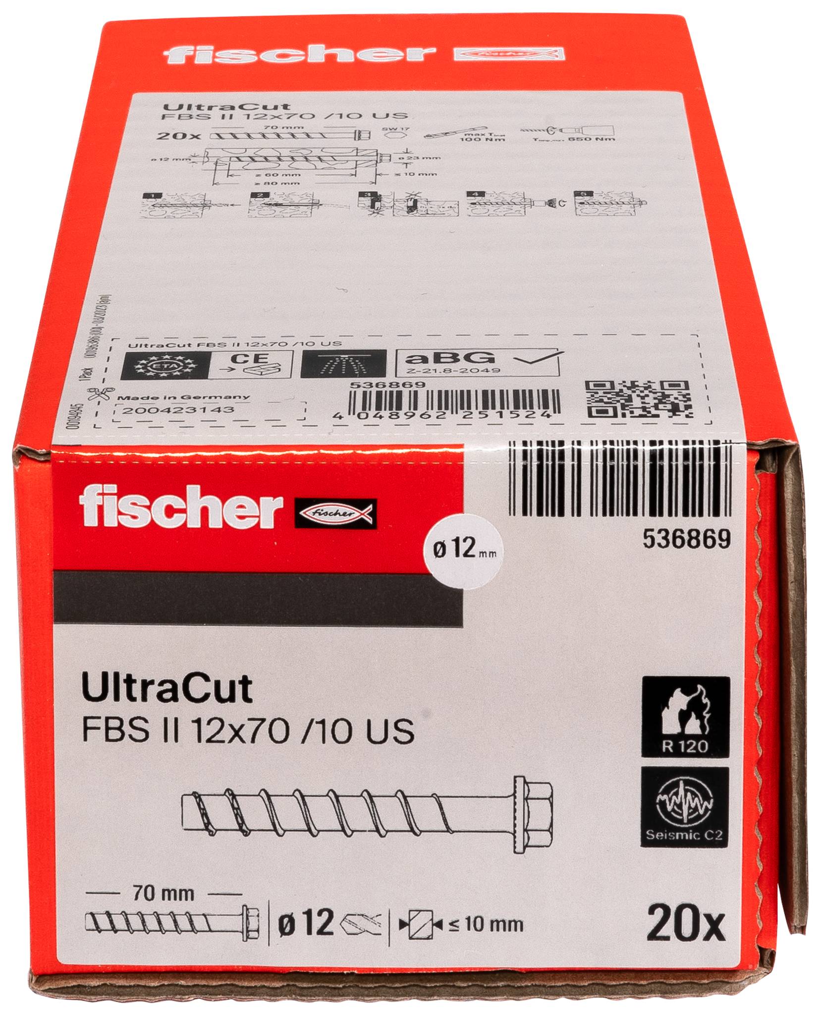 Vorderseite einer Fischer UltraCut Schachtel für FBS II 12x70/10 US Betonverankerungen, mit einem Schraublöseranker-Diagramm, 12 mm Größe, 70 mm Länge und 20 Stück.