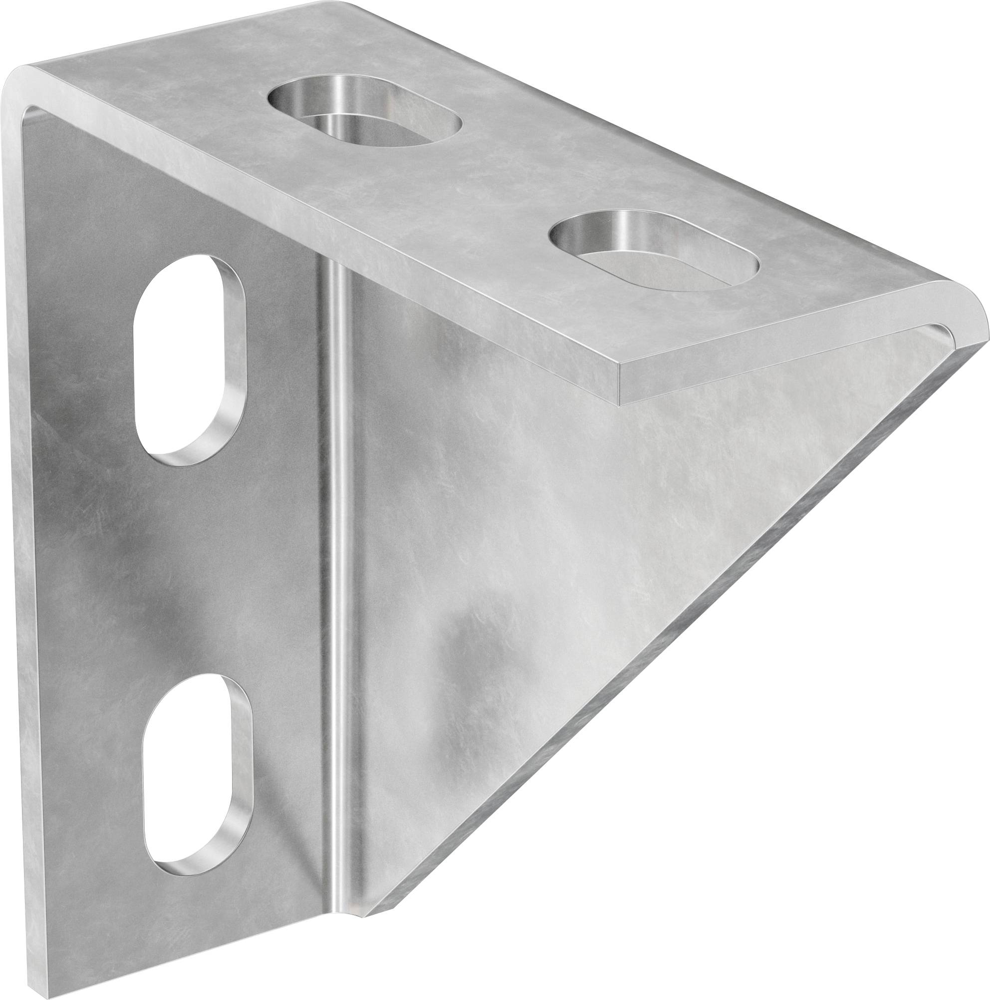 Metallwandmontierte Halterung mit zwei vertikalen Schlitzen und zwei oberen Schraubenlöchern, dargestellt in einer grauen, schrägen Stützform.
