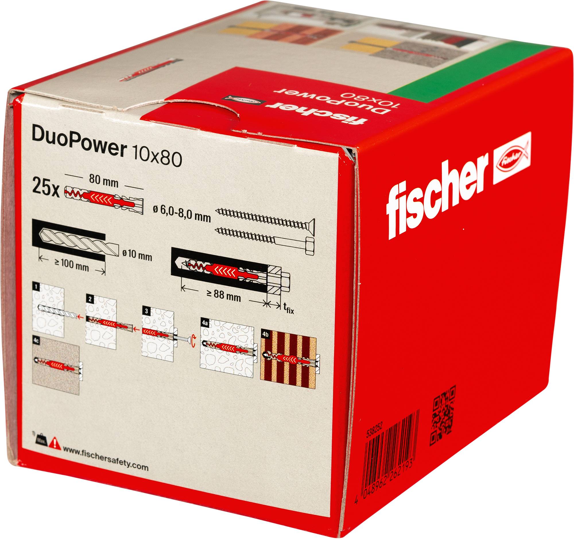 Karton mit Fischer DuoPower Dübeln, Größe 10x80 mm, enthält Installationsanleitung und Abbildungen für verschiedene Oberflächen.
