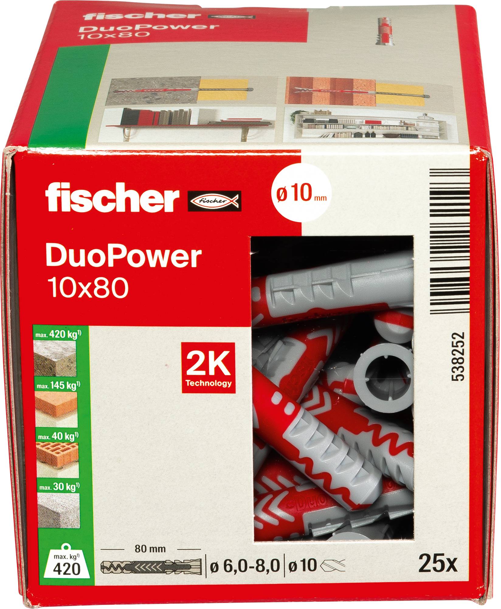 Schachtel Fischer DuoPower Dübel, 10x80mm, zeigt Menge (25), Tragfähigkeiten und Bilder von Dübeln sowie Anwendungsbeispielen.