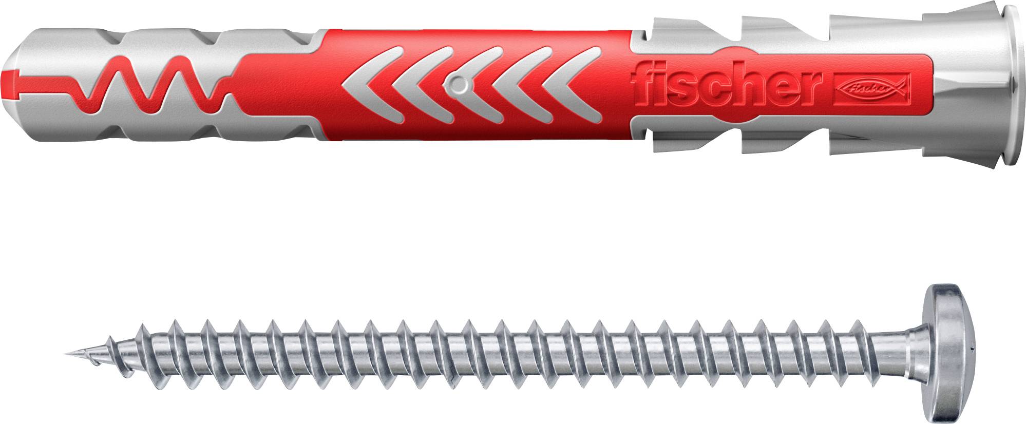 Ein Metallduebel und eine Silberschraube mit Flachkopf werden gezeigt. Der Duebel ist hauptsaechlich rot und traegt die in erhabenen Buchstaben gepraegten Schriftzug 