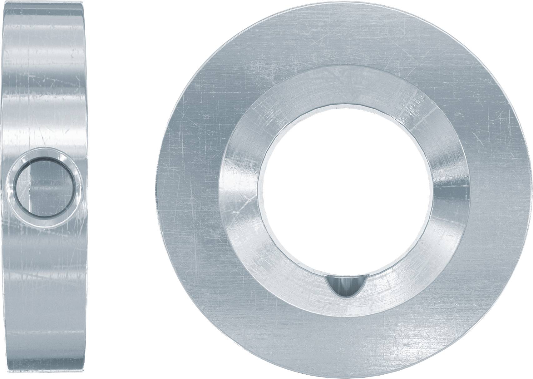 Metallischer kreisförmiger Ring, dargestellt in Seitenansicht und Vorderansicht, mit einer zentralen Öffnung und einer kleinen Kerbe am unteren Ende.
