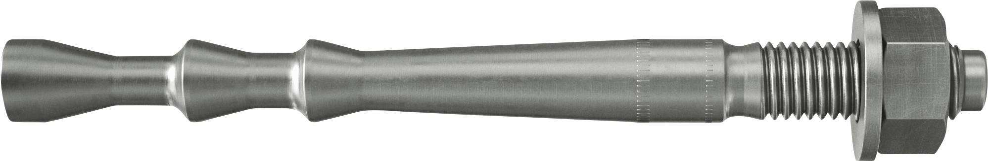 Metallspreizdübel mit Sechskantmutter und Unterlegscheibe, horizontal auf weißem Hintergrund dargestellt.