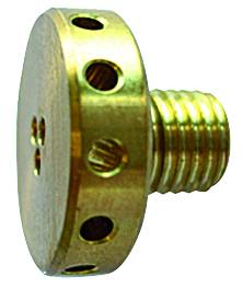 Nahaufnahme eines Metallgewindefasteners oder Adapters mit rundem Kopf und mehreren gebohrten Löchern an seiner Seite.