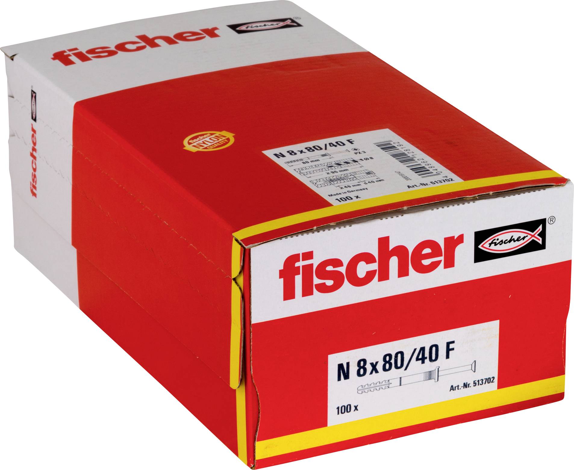 Rot-weiße Fischer-Box mit N 8x80/40 F Befestigungselementen, gekennzeichnet mit 100 Stück.
