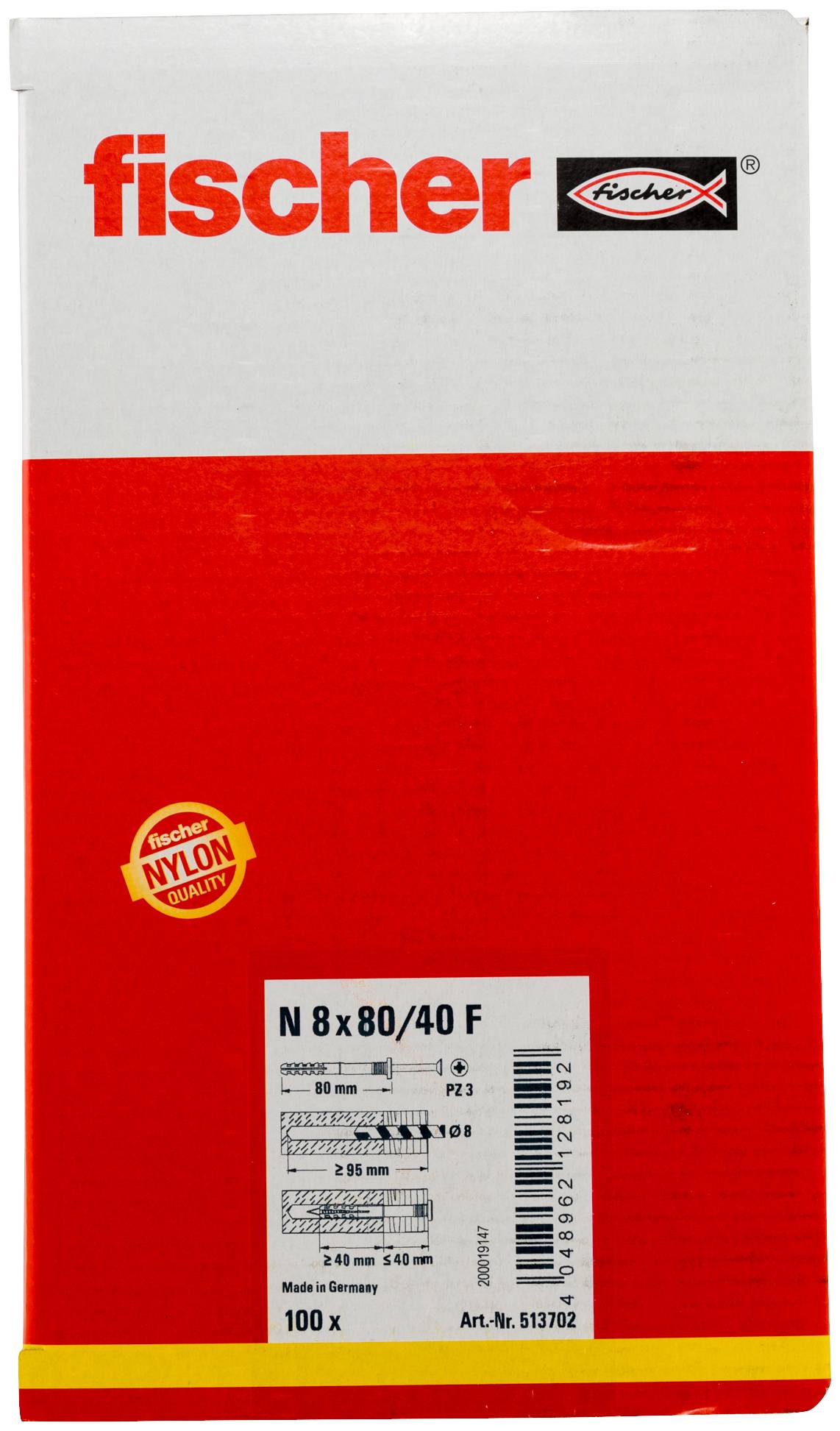 Verpackung für Fischer Nylondübel, bezeichnet mit 'N 8 x 80/40 F', mit Menge 100 und Produkt-Art. Nr. 513702.