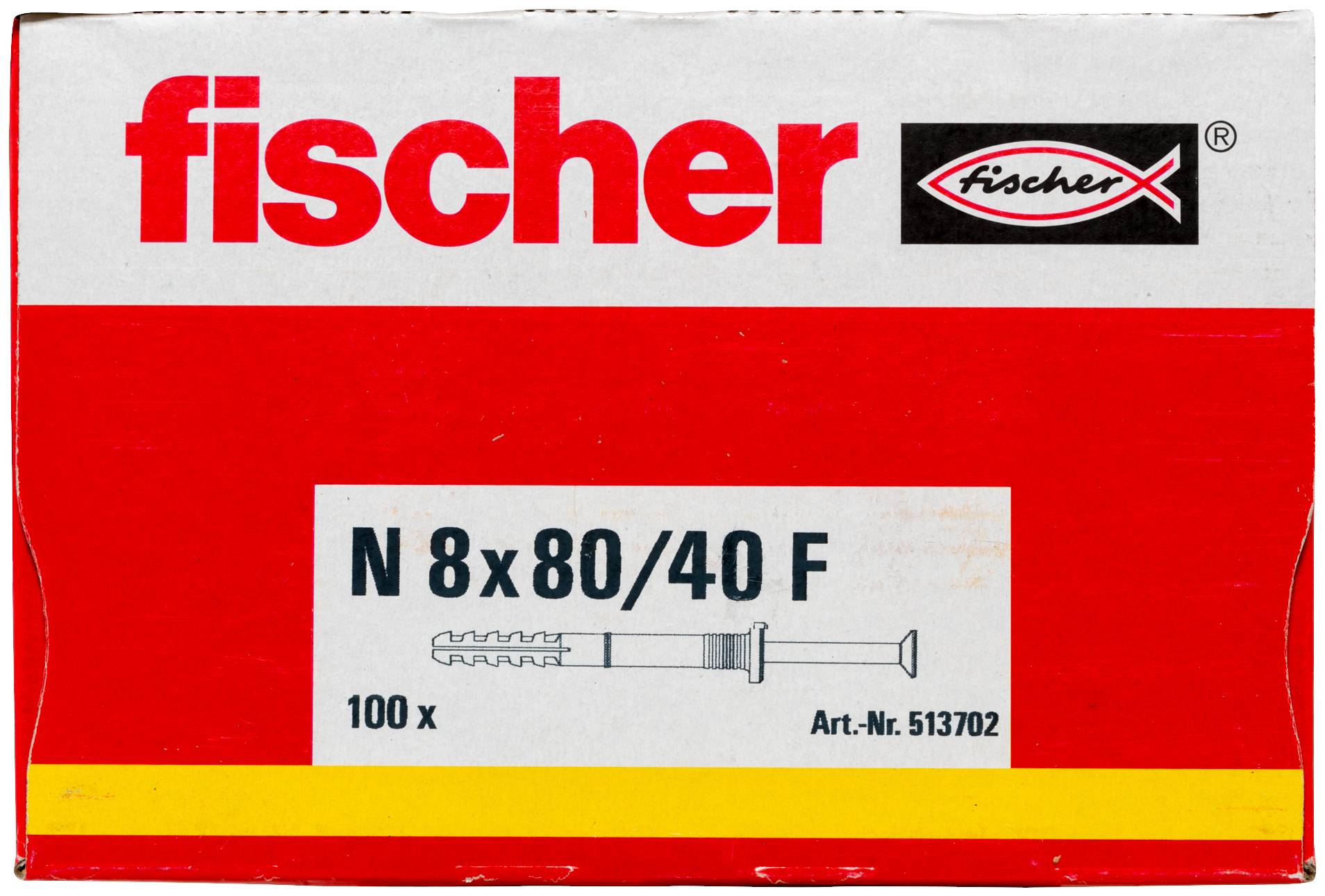 Schachtel mit Fischer N 8x80/40 F Wandankern, beschriftet mit "100x" und "Art.-Nr. 513702", auf einer rot-weißen Verpackung.