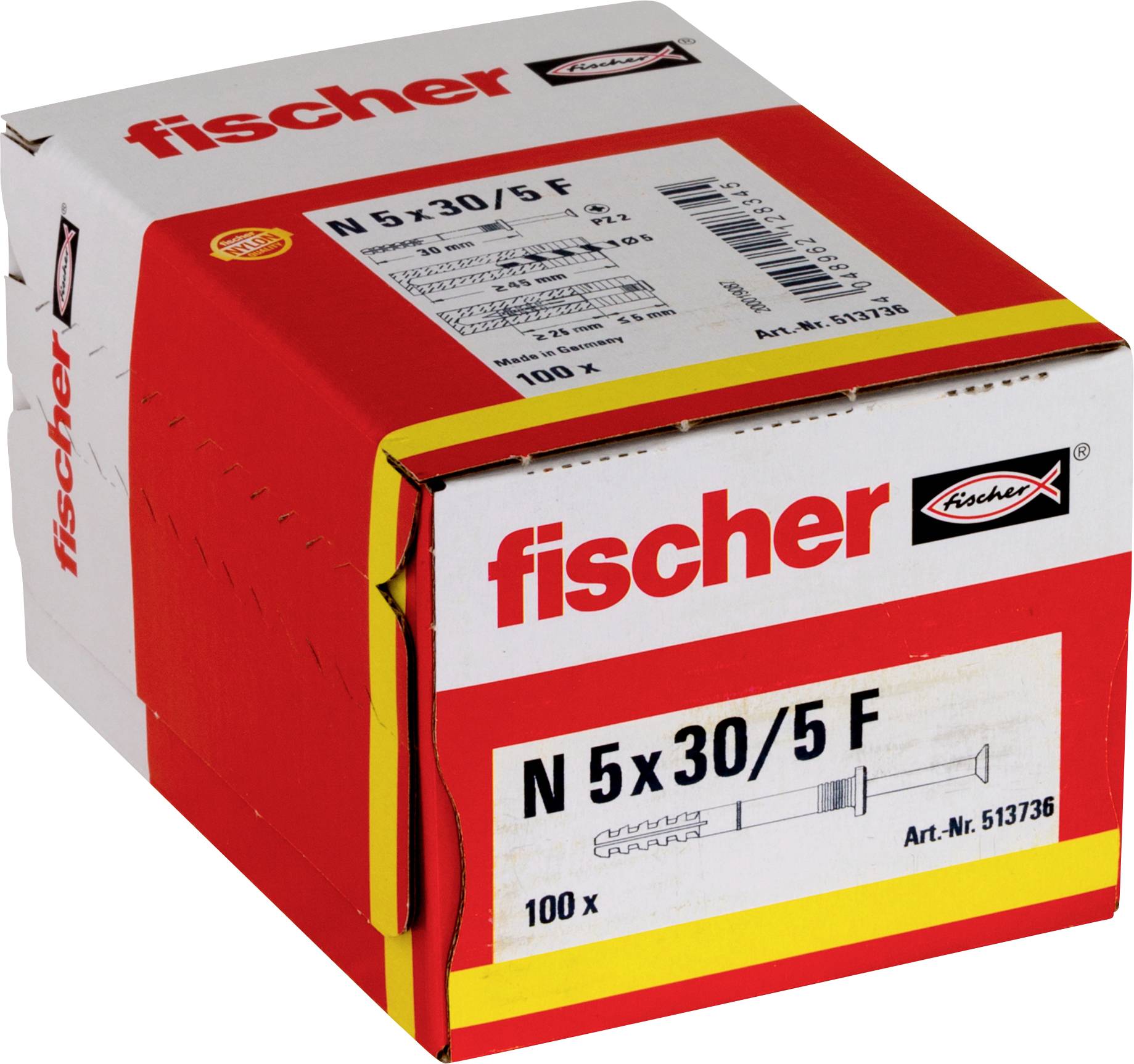 Rot-weiße Fischer-Box mit Wandsteckern/Dübeln mit der Bezeichnung 'N 5x30/5 F', 100 Stück, mit Produktcode und Größenangaben.