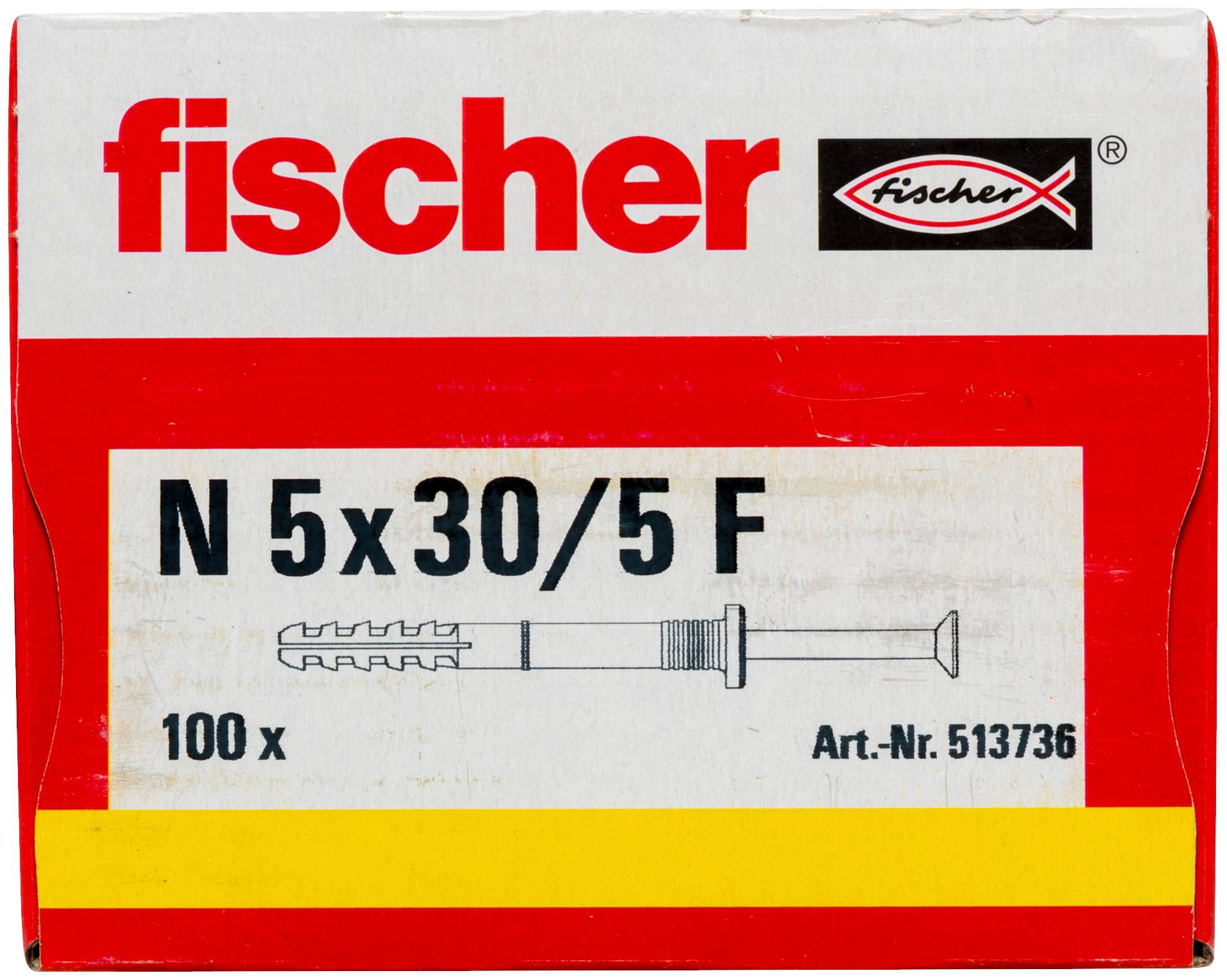 Verpackung für Fischer N 5x30/5 F Dübel, mit Produktabbildung, 100er-Pack und Artikelnummer 513736.