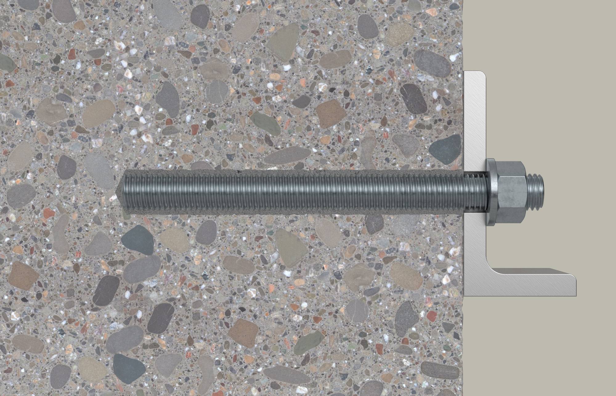 Satz mit Gewindeankerbolzen horizontal in eine Betonwand eingesetzt, rechts mit einer Unterlegscheibe und Sechskantmutter gegen eine Metallhalterung gesichert.