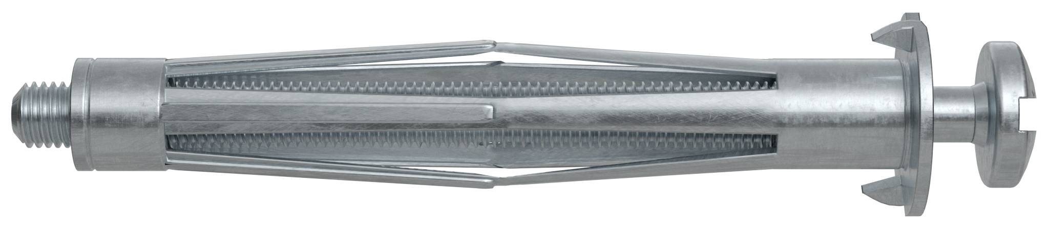 Ein Metallexpansionsankerschraube mit gewindedem Ende und geschlitzter Hülse zum Befestigen von Objekten in Beton oder Mauerwerk.
