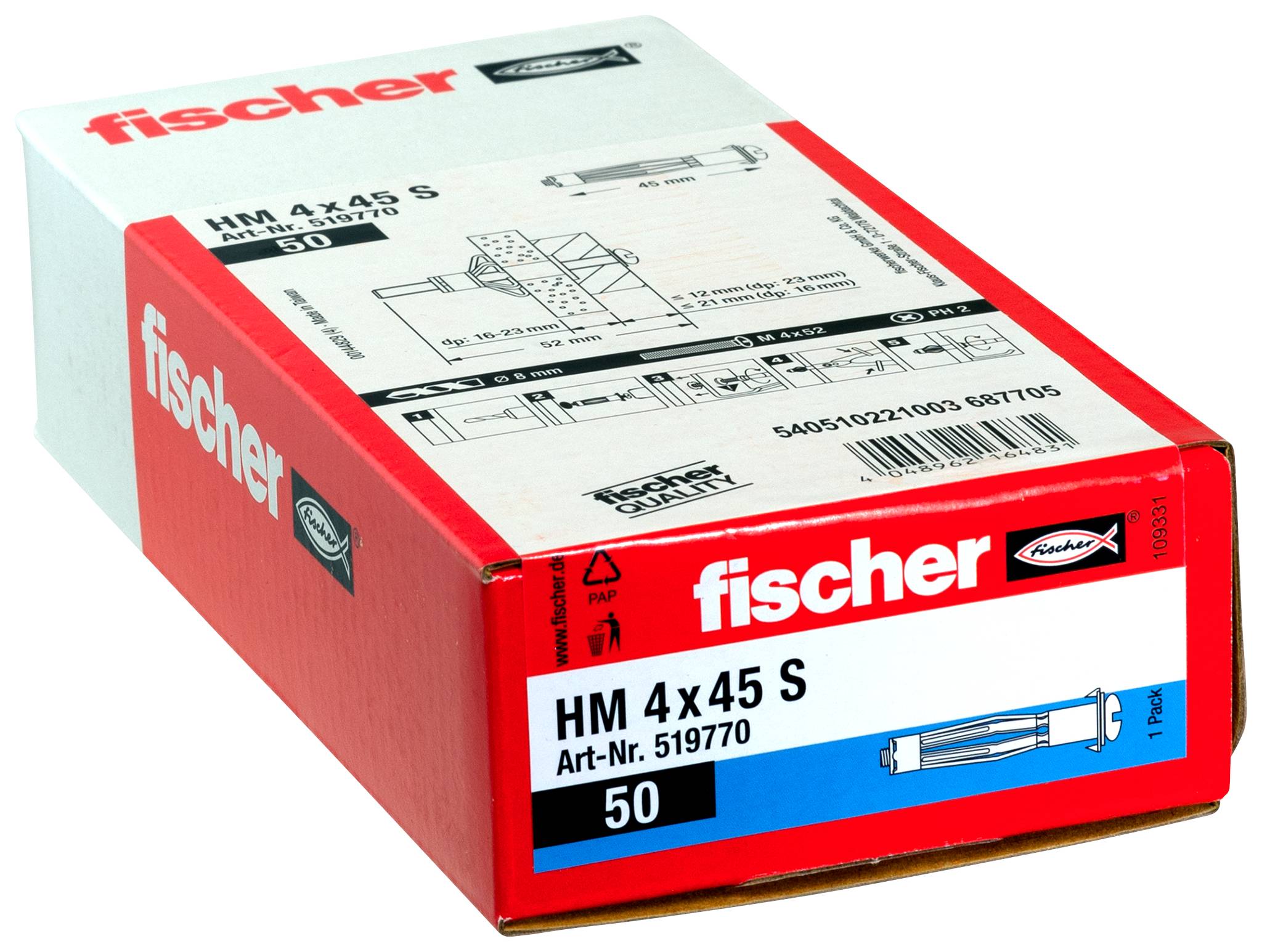 Fischer Karton mit HM 4x45 S Wanddübeln, 50er-Pack, gezeigt mit Produktdiagramm und Etikett.