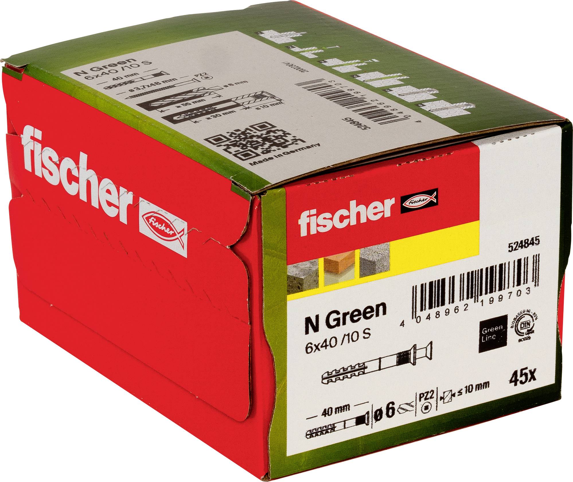 Karton mit Fischer N Grün 6x40/10 S Wanddübel, zeigt Produktetikett, Barcode und Menge 45.