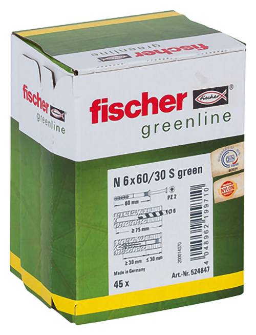 Schachtel mit Fischer Greenline N6x60/30 S grünen Dübeln, zeigt Produktbranding und ein Etikett mit Größe und Menge 45x.