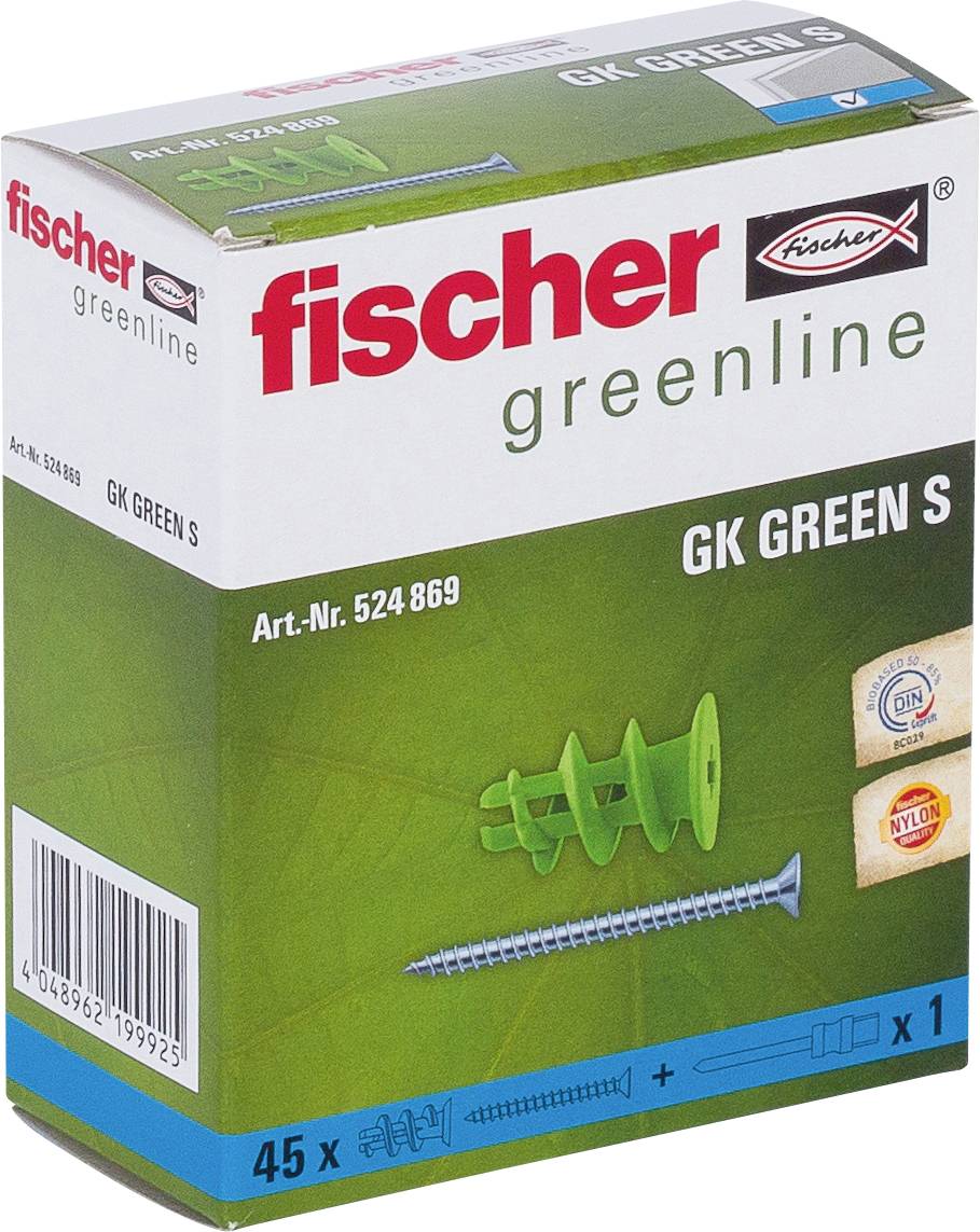 Packung fischer greenline GK GREEN S Wanddübel, mit grünem Kunststoffdübel und blauer Schraube, 45er-Set.