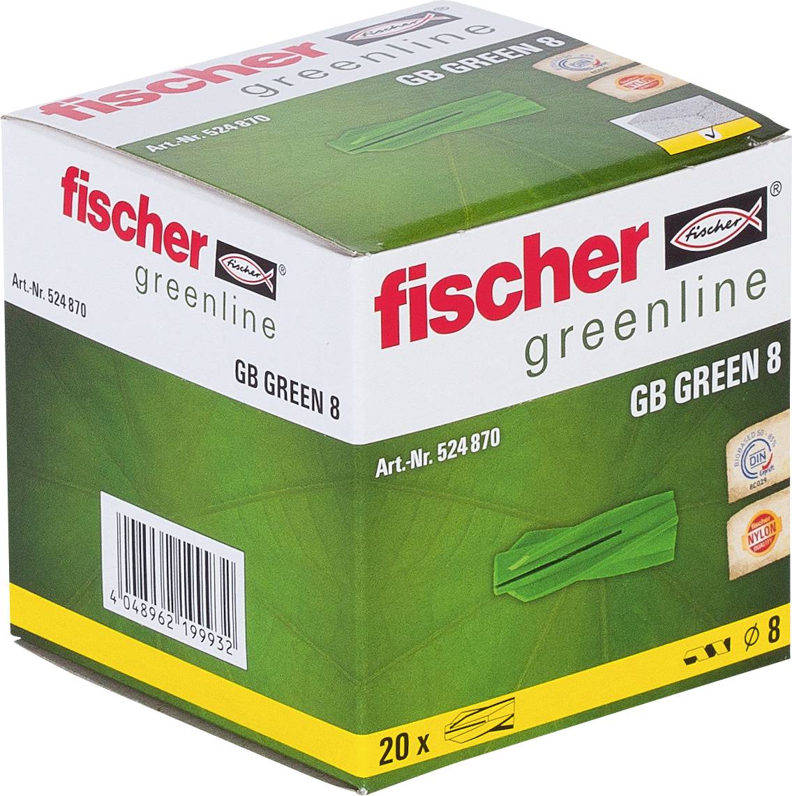 Box mit Fischer Greenline GB Green 8 Wanddübeln, grün-weiße Verpackung mit Produktbranding und sichtbarem Barcode.