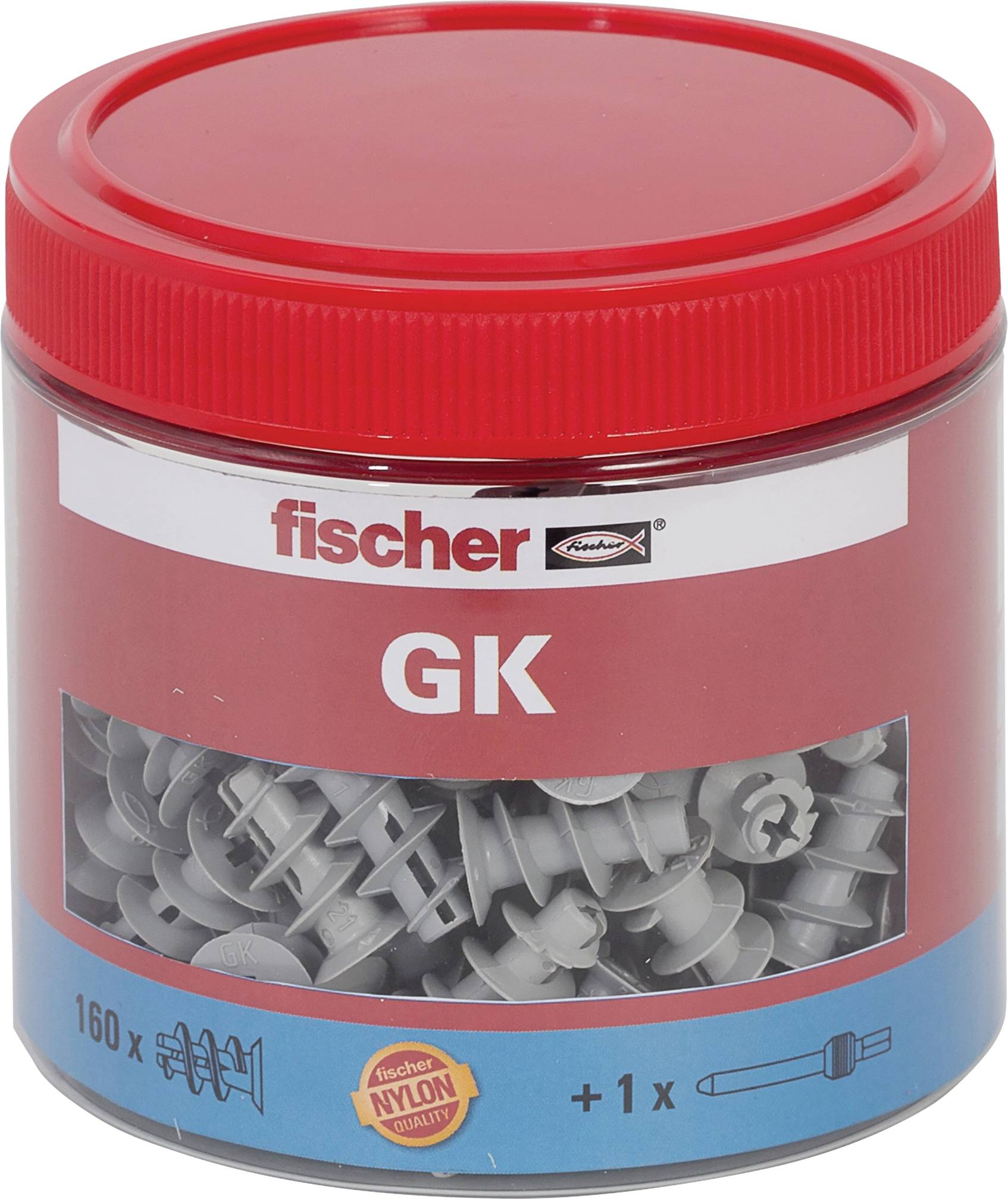 Rotes Kunststoffgefäß mit Fischer GK Nylonmörtelankern mit 160 Stück und einem sichtbaren Bohrer durch das Frontfenster.