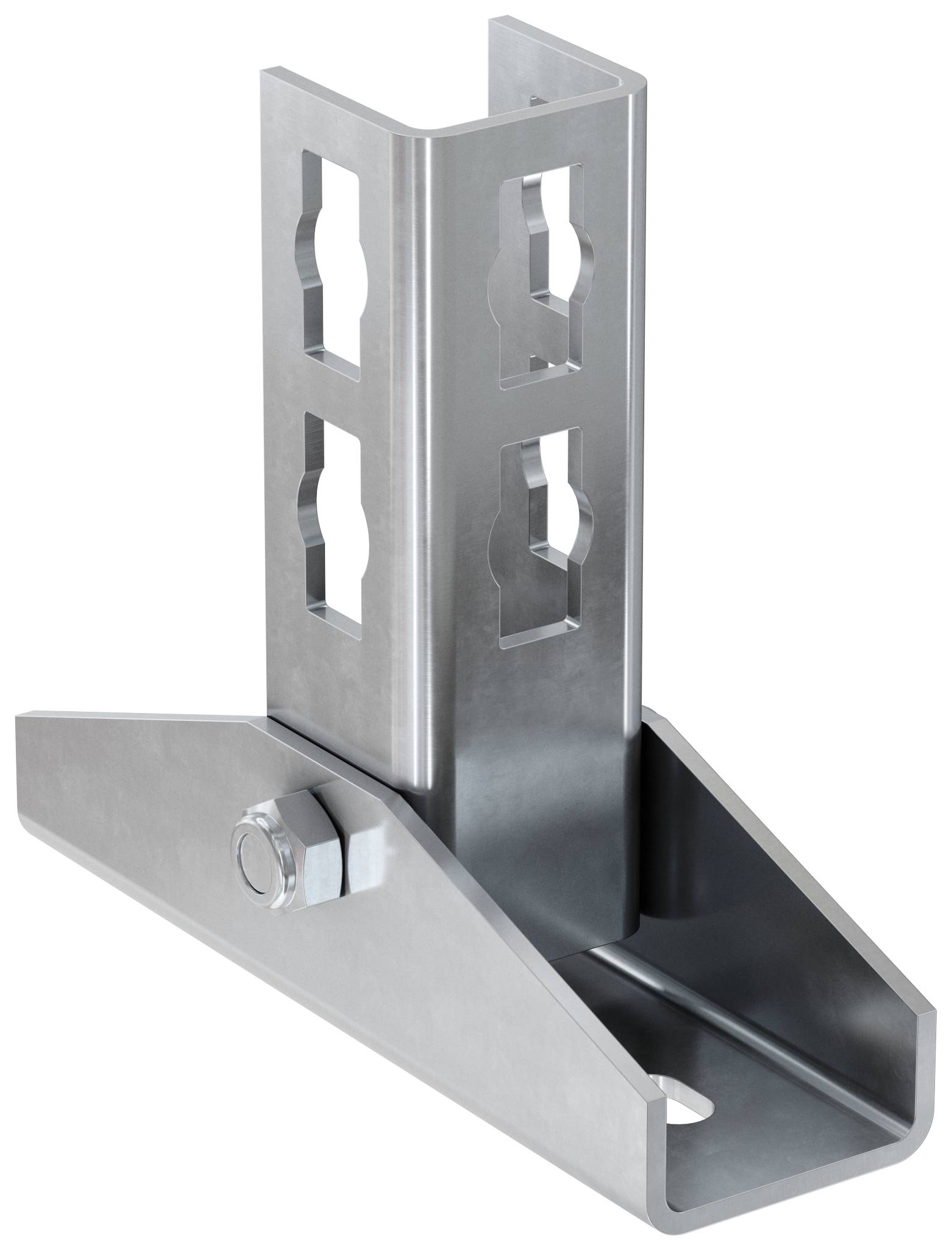 Metallisches Strukturbefestigungsteil mit vertikalem Schlitzpfosten, der auf einer Basis und einer seitlichen Verstrebung montiert ist, gezeigt auf weißem Hintergrund.