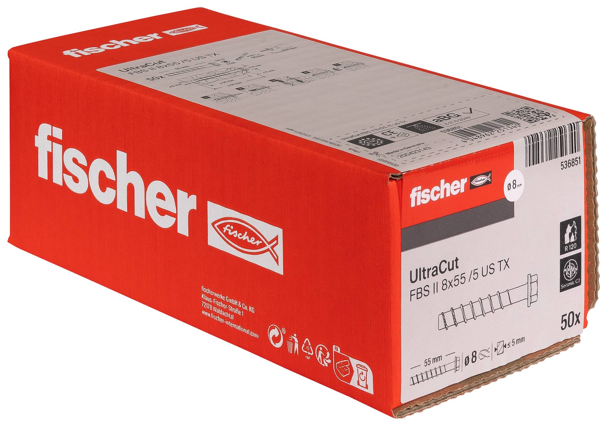Rote Fischer 'fischer' UltraCut-Schraube in einer Box, gekennzeichnet mit 'FBS II 8x55 / US TX' und '50x', auf weißem Hintergrund dargestellt.
