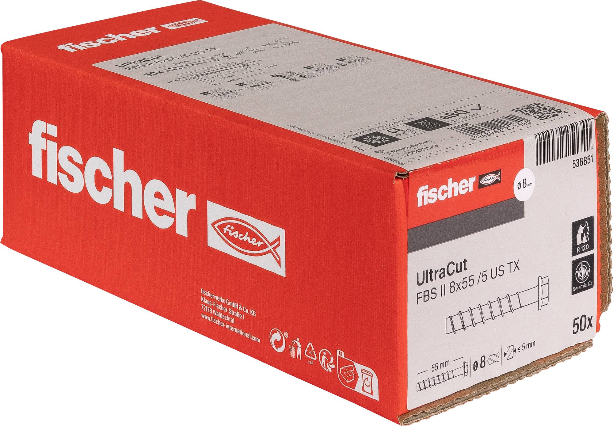 Rote Fischer-Box mit Fischer UltraCut FBS II 8x55/5 US TX Schrauben, beschriftet mit 50x, auf weißem Hintergrund dargestellt.