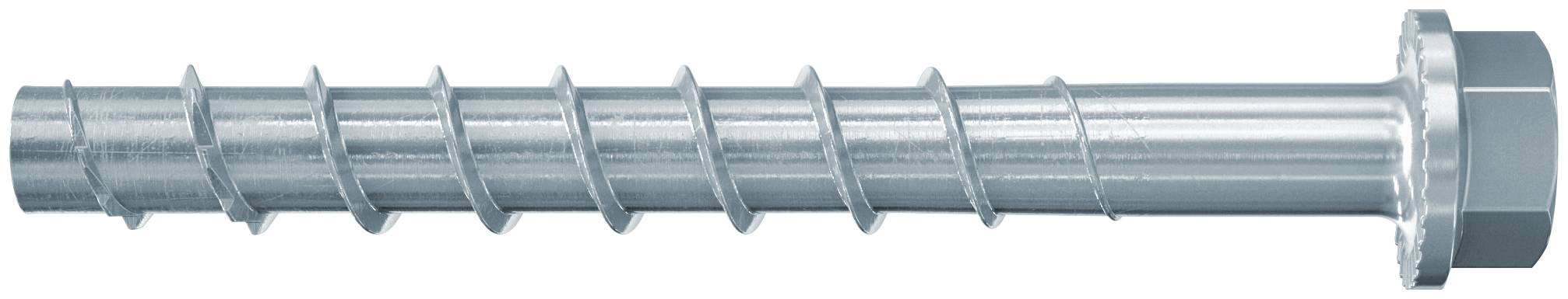 Metallische Spiralschraube oder Schnecke mit sechskantigem Endfitting, horizontal auf weißem Hintergrund dargestellt.