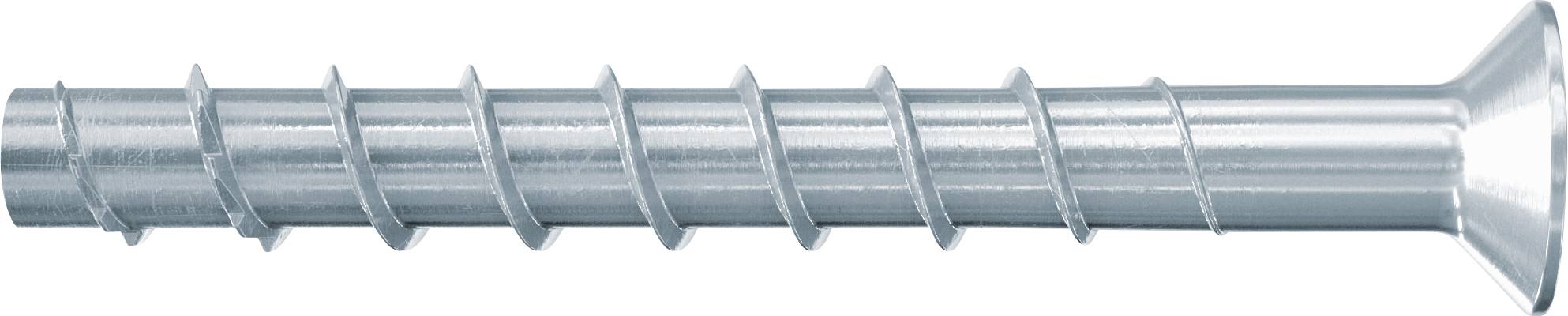 Eine Metallschraube mit flachem Kopf, horizontal auf weißem Hintergrund dargestellt.