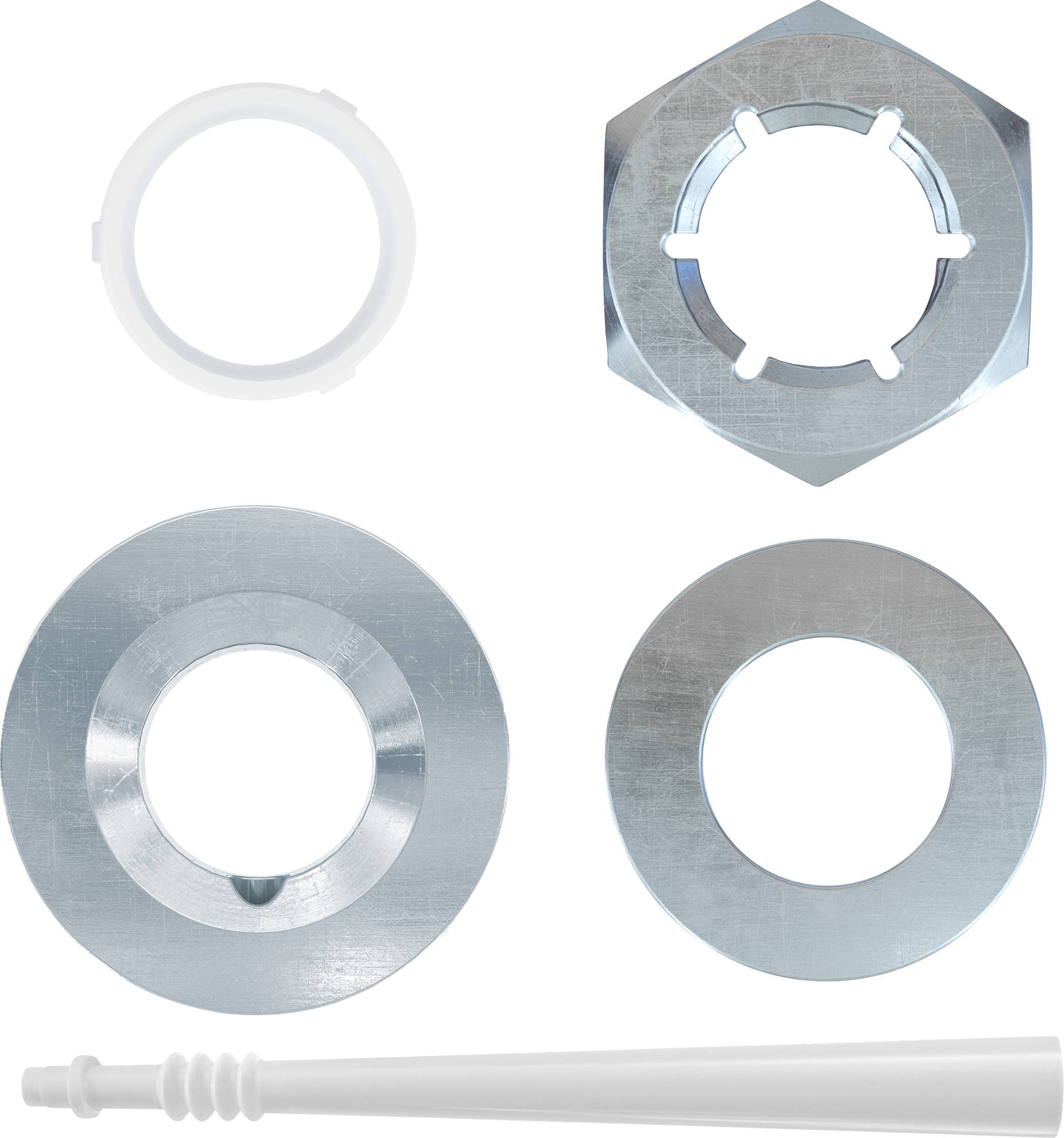Sortierte Metallfastener und Unterlegscheiben, einschließlich einer sechskantigen Schlitzmutter, drei runden Unterlegscheiben und eines weißen Kunststoffankers oder Dübels.