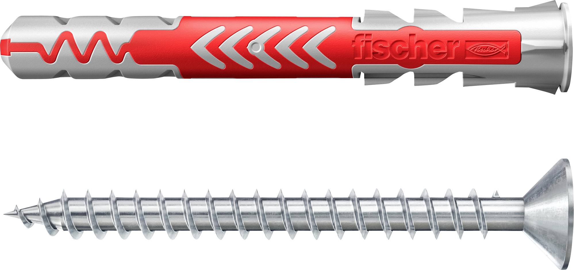 'Fischer Duopower Dübel und Schraube.' Das Bild zeigt einen rot-grauen Dübel über einer Metallschraube und hebt die Befestigungselemente hervor.