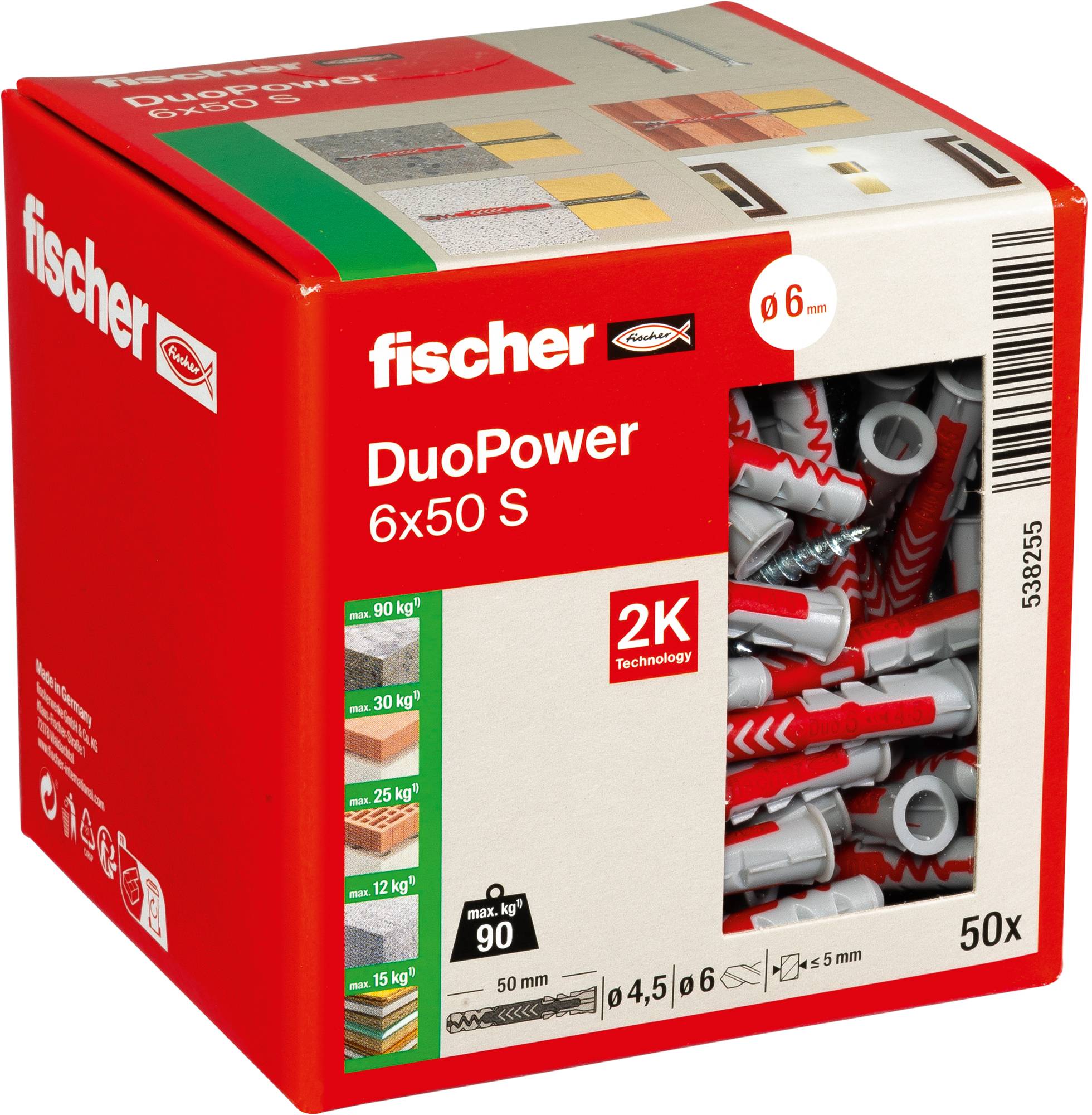 Eine rote Schachtel „fischer DuoPower 6x50 S