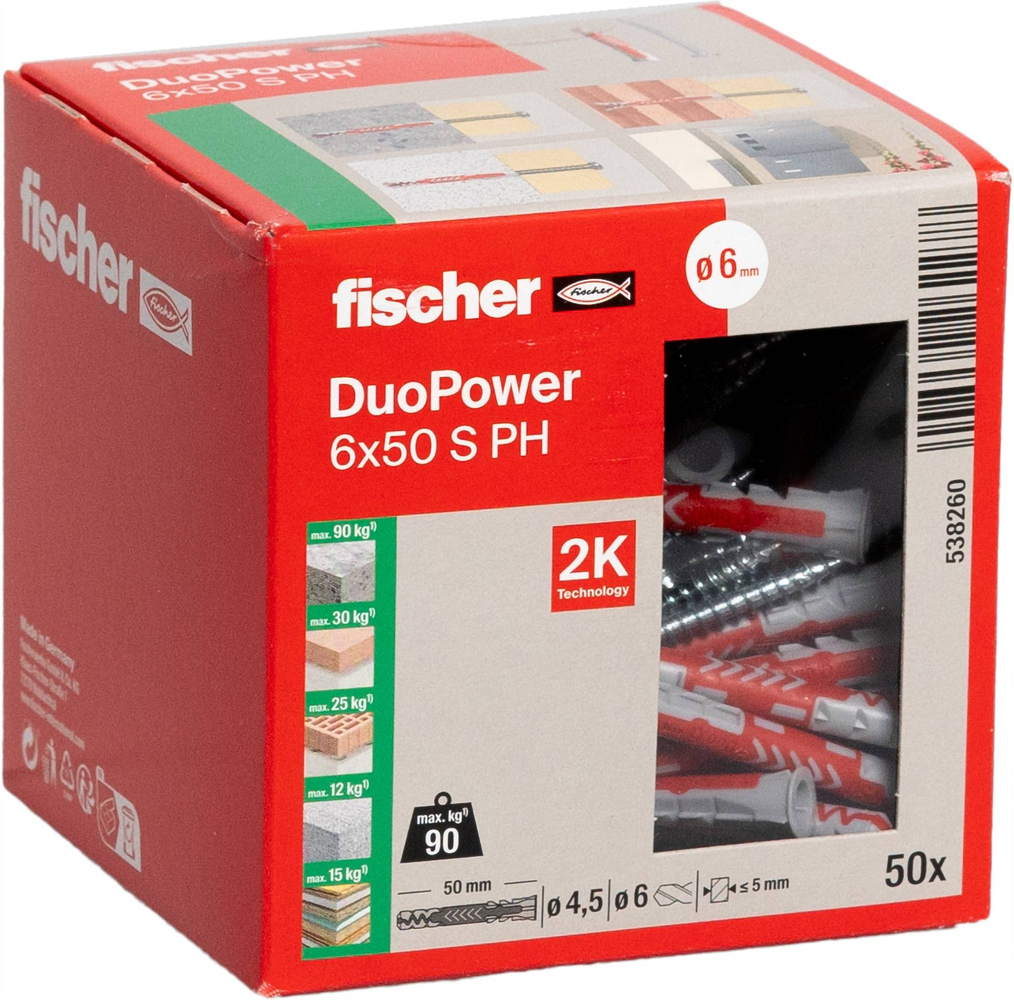 Rot-graue Fischer DuoPower 6x50 S PH Dübel Box mit Produktdetails und Gewichtsspezifikationen, gekennzeichnet mit 2K Technologie, 50 Stück