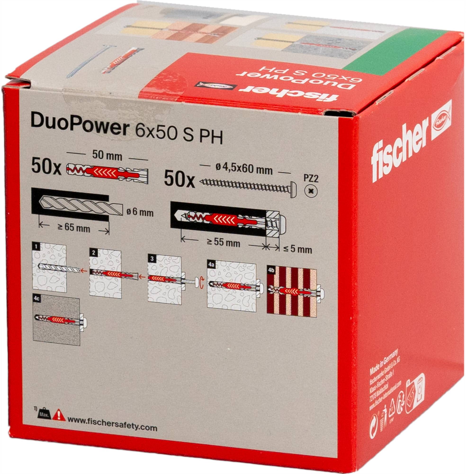 'Fischer DuoPower 6x50 S PH' Ankerbox mit Angaben zu Produktgröße, Anzahl der Teile, Bohrvoraussetzungen und geeigneten Materialien für die Montage.