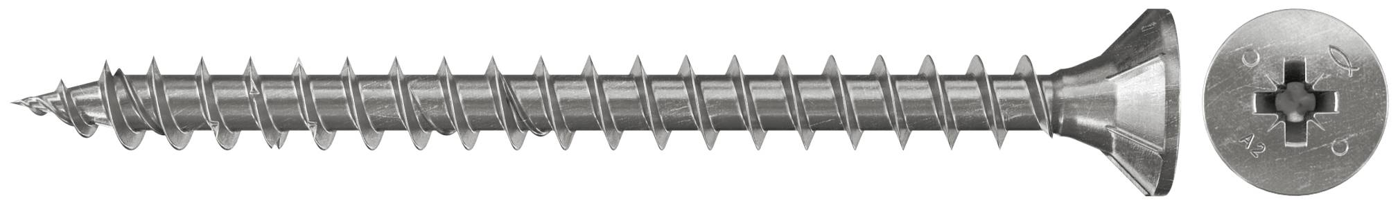 Eine Metallschraube, von der Seite dargestellt mit einem Kreuzschlitz-Kopf, plus eine Nahaufnahme des Kopfes auf der rechten Seite.