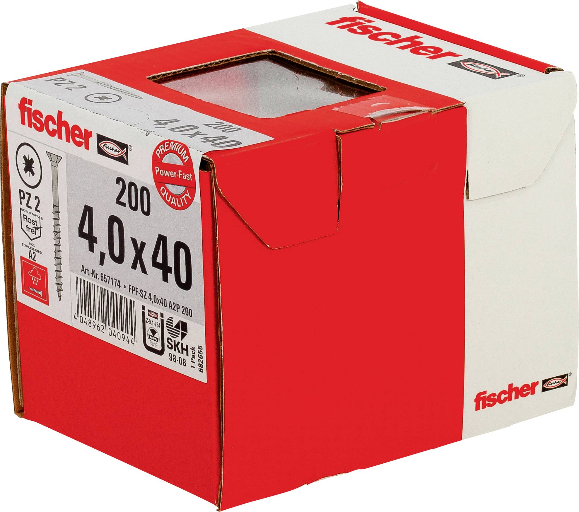 Schachtel mit fischer PZ2 4,0 x 40 Schrauben, gekennzeichnet mit 200er Packung, in roter und weißer Verpackung.