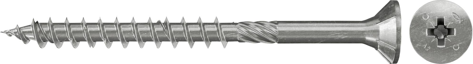 Eine silberne Schraube mit flachem Senkkopf, horizontal dargestellt, mit einer Nahaufnahme des Schraubenkopfes rechts.