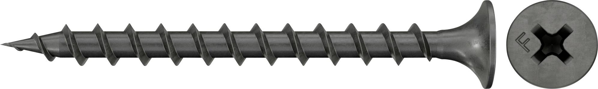 Eine Metallschraube mit groben Gewinden und einem breiten flachen Kopf, gezeigt mit einer Nahaufnahme der Antriebsnut des Kopfes.