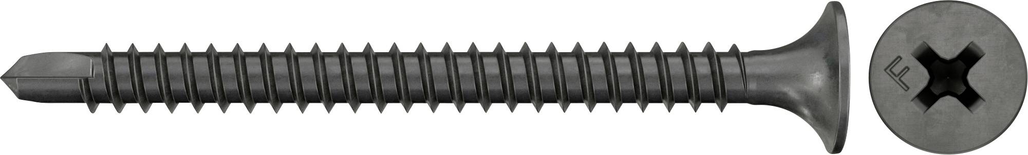 Eine schwarze Senkkopfschraube mit Phillipsschlitz, dargestellt in Seitenansicht mit einer Nahaufnahme des Kopfes.