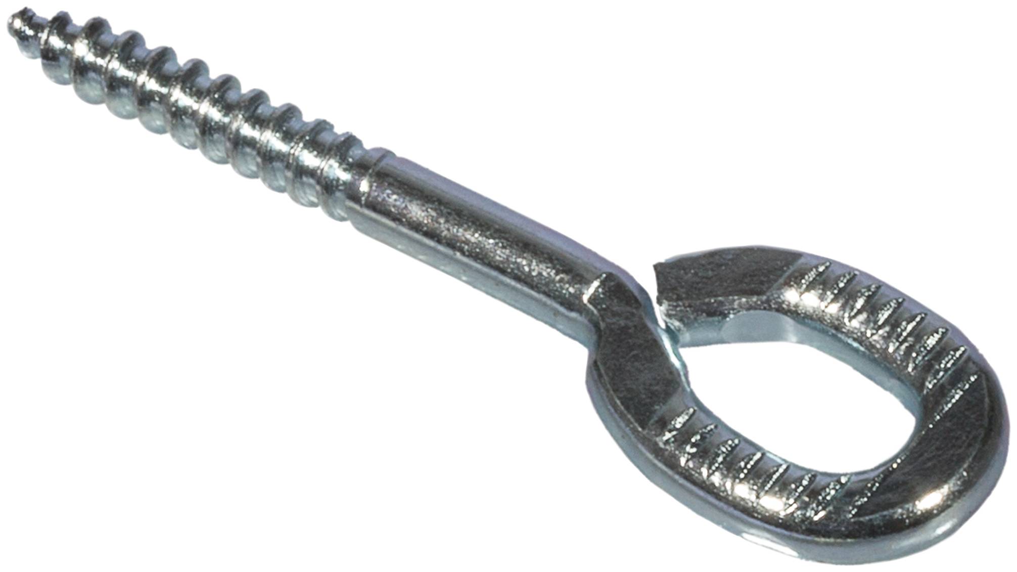 Ein Metallschraubhaken mit gewindeliertem Schaft und kreisförmiger Öse am Ende, verwendet zum Aufhängen oder Sichern von Gegenständen.