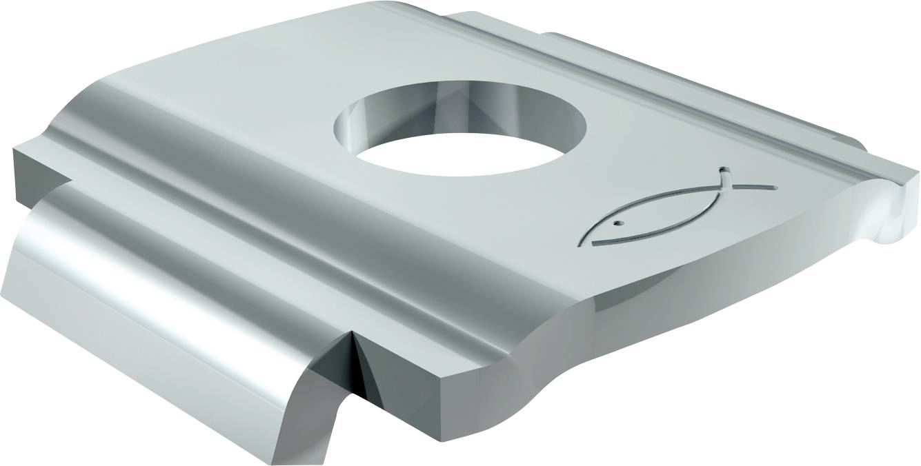 3D-Darstellung einer silbernen Metallplatte mit einem großen zentralen kreisförmigen Loch, abgeschrägten Kanten und einem kleinen eingraviertem Logo.