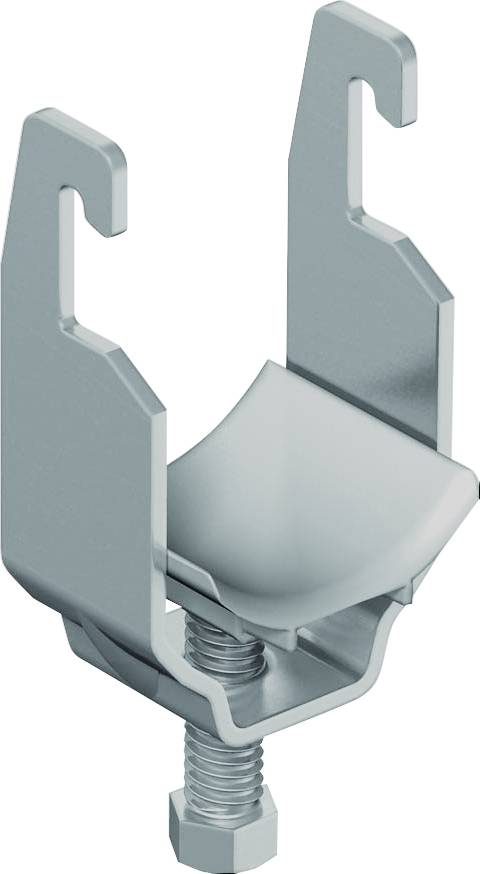 Nahaufnahme einer Metallspannzwinge oder Befestigungsklammer mit zwei aufrechten Backen und einer zentralen Schraube, dargestellt auf weißem Hintergrund.