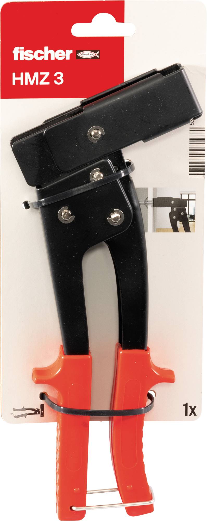 Eine schwarze Nietzange mit roten Griffen, verwendet zum Verbinden von Materialien durch Nieten.