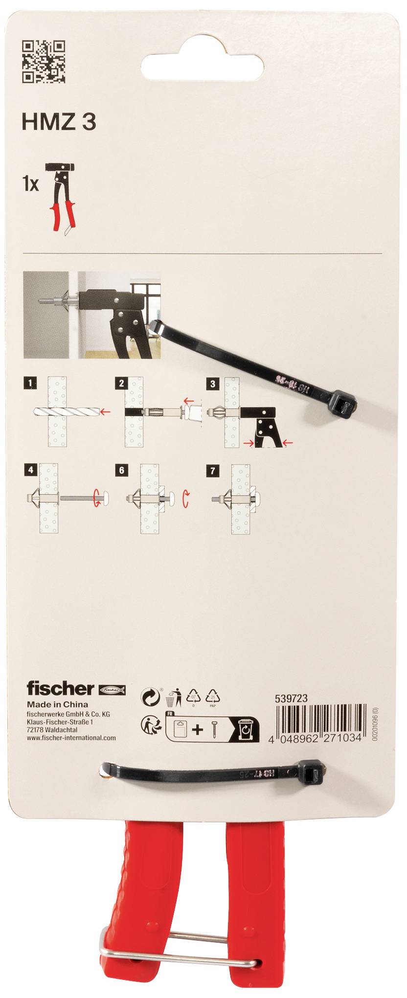 Eine Verpackung mit Anleitungen für eine HMZ 3 Zange von Fischer, die Schritt-für-Schritt-Montageanweisungen für Dübel gibt.